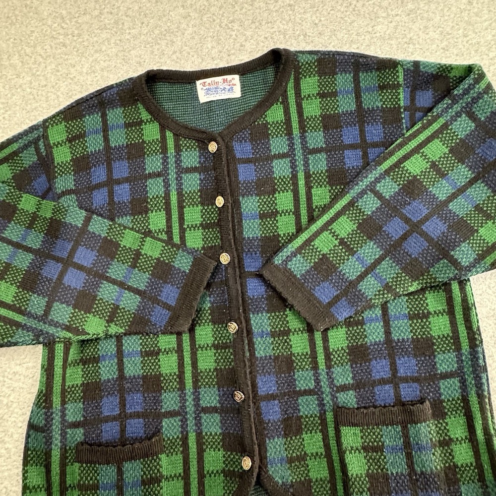 Vintage 90s Coquette Knit Tartan Plaid‎ Cardigan Sweater Womens 2X Boxy Grandma